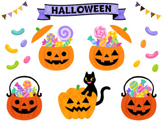 ハロウィンのキャンディポット＆バスケットのイラスト