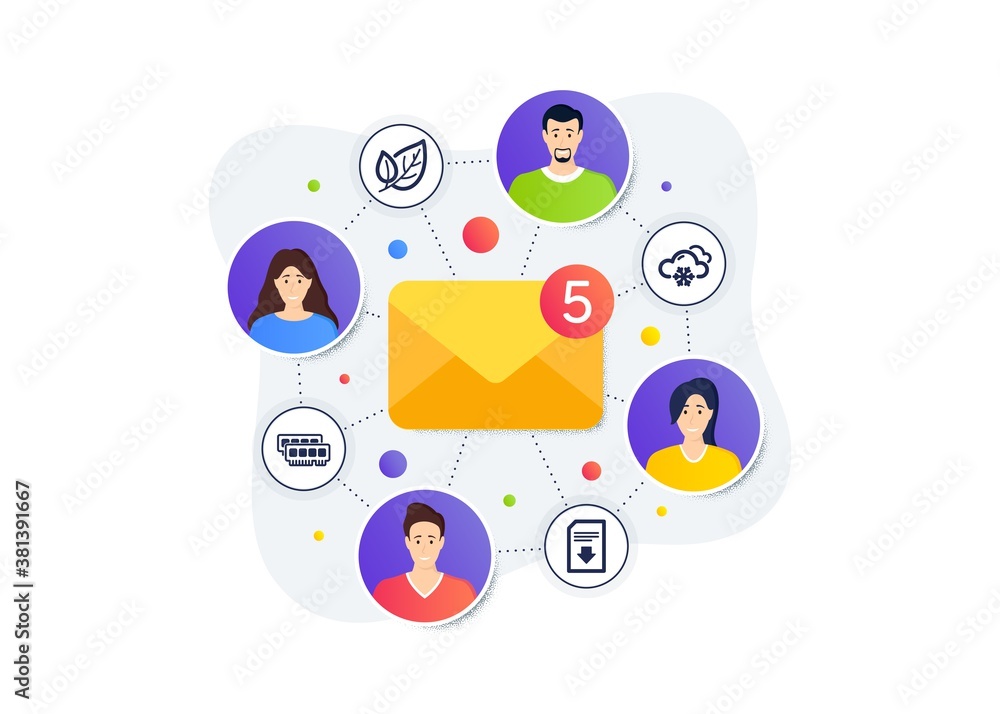 Poster leaf, snow weather and ram icons simple set. teamwork messages banner. employee remote work. downloa