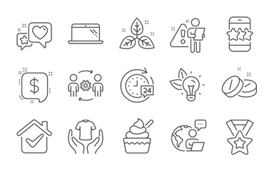 Heart, Ice cream and Hold t-shirt line icons set. Winner ribbon, Payment message and Medical tablet signs. Laptop, Star and Engineering team symbols. Fair trade, Eco energy and 24h delivery. Vector