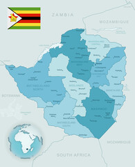 Blue-green detailed map of Zimbabwe administrative divisions with country flag and location on the globe.