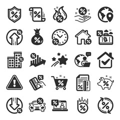 Loan icons. Set of Investment, Interest rate and Percentage diagram icons. Car leasing, analytics plan, Credit card percent and loan rate. Bank mortgage, leasing, interest graph. Flat icon set. Vector