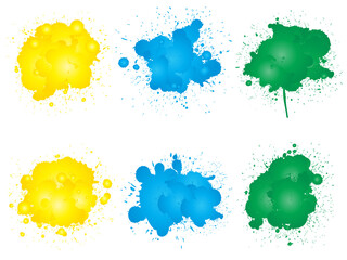 Vector collection of artistic grungy paint drop, hand made creative splash or splatter stroke set isolated white background. Abstract grunge dirty stains group, education or graphic art decoration