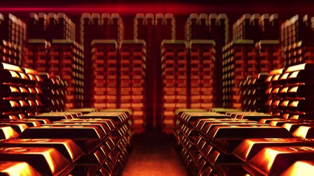 Large stacks of gold bullion bars, gold ingot production, investment, bank trust. Full HD 3d animation