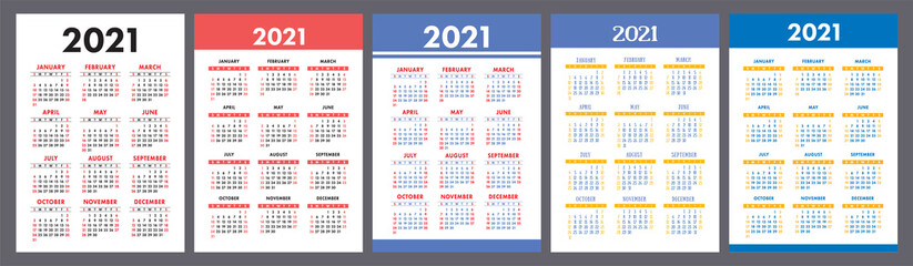 Calendar 2021 year set. Vector pocket or wall calender design template collection. January, February, March, April, May, June, July, August, September, October, November, December
