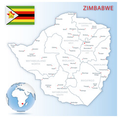 Detailed Zimbabwe administrative map with country flag and location on a blue globe.
