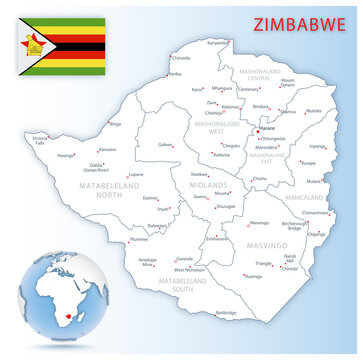 Detailed Zimbabwe administrative map with country flag and location on a blue globe.