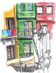 Porto Placa Do Ribeira, urban sketch, watercolor painting, mediterrane cityscene