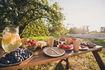 Served table free time sunny day on fresh air useful organic bio natural lunch luncheon house...