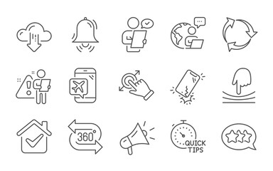 Recycle, Quick tips and Smartphone broken line icons set. Megaphone, Clock bell and Flight mode signs. Customer survey, Cloud download and 360 degree symbols. Line icons set. Vector