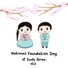 Calligraphic text with girl in hanbok. Postcard with calligraphic text National Foundation day of South Korea. Traditional holiday celebration. October, 3. Vector 