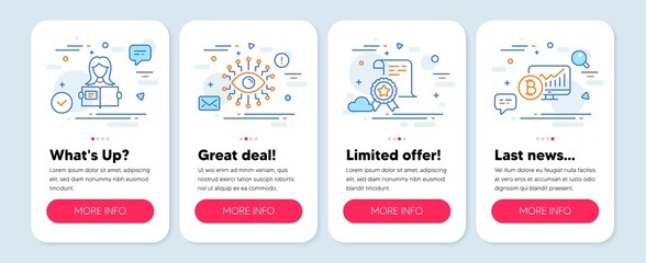 Set of Education icons, such as Woman read, Certificate, Artificial intelligence symbols. Mobile screen banners. Bitcoin chart line icons. Girl studying, Certified file, All-seeing eye. Vector
