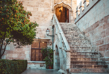 large and wide stairs in the castle leading upstairs. stairs