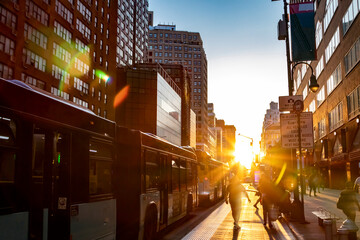 New York City 2020: Sunsets on a NYC bus stop on 14th Street near Union Square in Manhattan