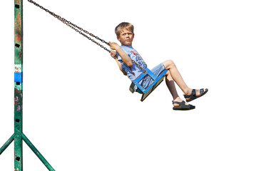 Displeased boy riding shabby swing and frowning