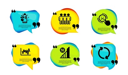 5g wifi, Dislike and Friendship icons simple set. Speech bubble with quotes. Clean bubbles, Stock analysis and Refresh signs. Wireless signal, Negative feedback, Trust friends. Vector