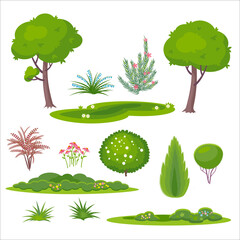 Set of plants lawn, bush, flowers, tree, grass. Color vector isolated  illustration in flat style.Kit for landscape and garden design.