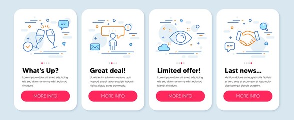 Set of People icons, such as Health eye, Consulting business, Champagne glasses symbols. Mobile screen app banners. Handshake line icons. Optometry, Conference, Chin-chin. Deal hand. Vector