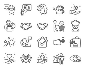 People icons set. Included icon as Stop shopping, Foreman, Freezing signs. Time management, Cooking chef, People symbols. Employees handshake, Farsightedness, Lawyer. Handshake, Drag drop. Vector