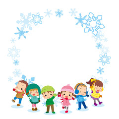 Obraz na płótnie Canvas 冬服を着た可愛い仲良し小学生グループと雪の結晶のフレーム
