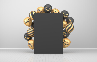 Illustrations for advertising. Black balloons with gold decor in a white interior around a black board. 3d render illustration. Halloween.