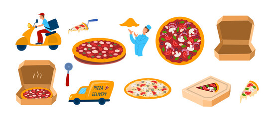 Cartoon Color Different Pizza Icons Set. Vector