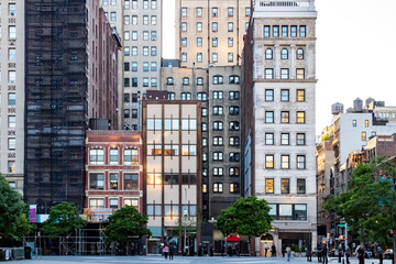 Block of historic buildings along Union Square Park in Manhattan, New York City