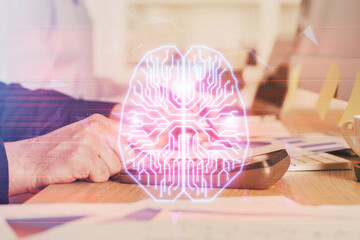 Man with multi exposure brain theme icons.
