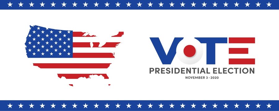 US Presidential Election. USA election banner with US symbols and colors. Patriotic stars. Vote. United States of America Election design.