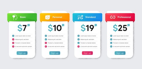 People icons set. Price table chart, business plan template. Included icon as Smile chat, Eyeglasses, Friend signs. Lawyer flat icons. Happy face, Optometry, Love. Court judge. Vector