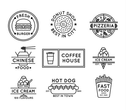 Street Food Sign Concept Black Thin Line Label Badge Set. Vector
