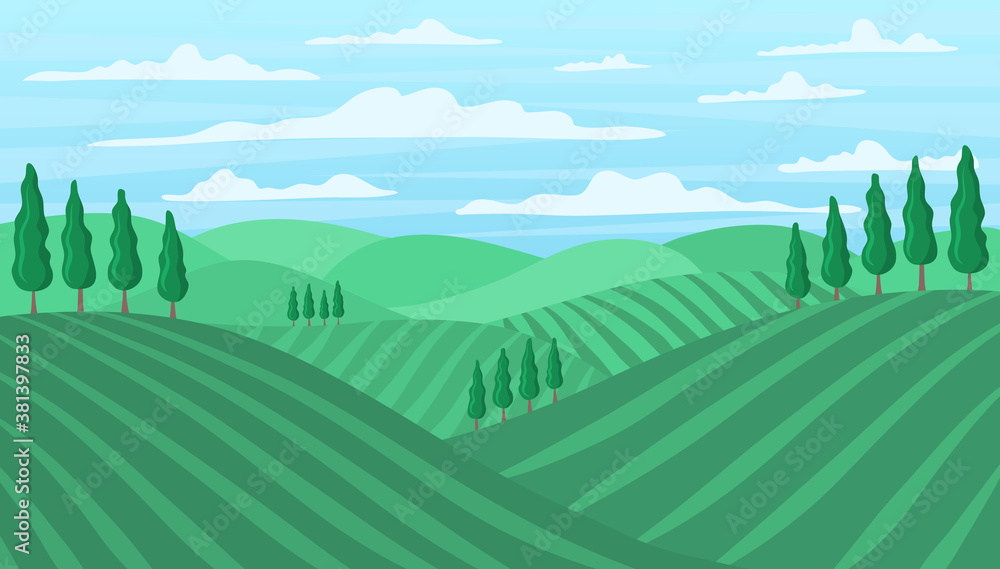 Poster Cartoon Color Tuscan Wine Field Landscape Scene Concept. Vector