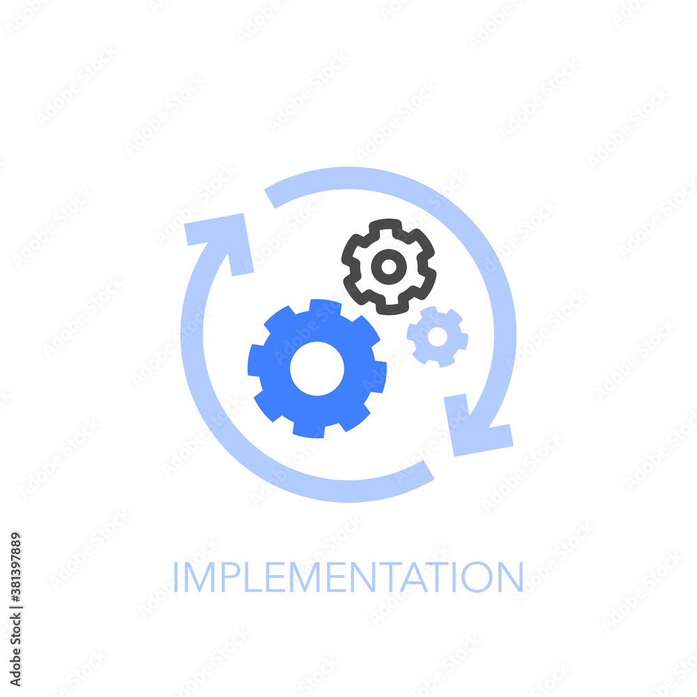 Aufkleber Implementation symbol with process arrows and gears. Easy to use for your website or presentation.