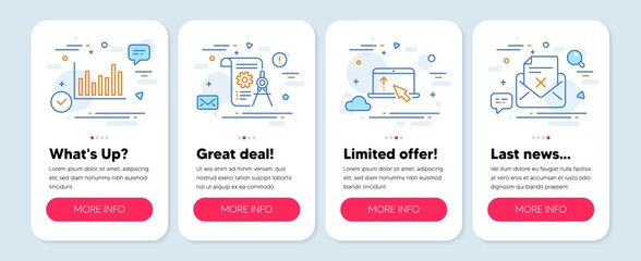 Set of Business icons, such as Divider document, Swipe up, Bar diagram symbols. Mobile screen app banners. Reject letter line icons. Report file, Scroll screen, Statistics infochart. Vector