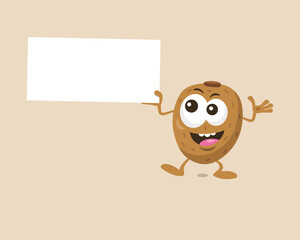 Kiwi mascot offers something interesting with label in his hand isolated on light background. Flat design style for your mascot branding.