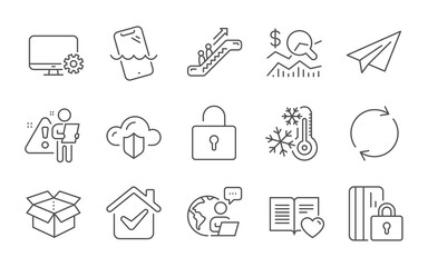 Monitor settings, Lock and Check investment line icons set. Cloud protection, Freezing and Smartphone waterproof signs. Love book, Paper plane and Escalator symbols. Line icons set. Vector