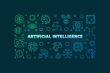 Artificial Intelligence concept vector outline colorful horizontal illustration or banner on dark background