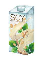 Watercolor carton of plant based soy milk isolated on the white background