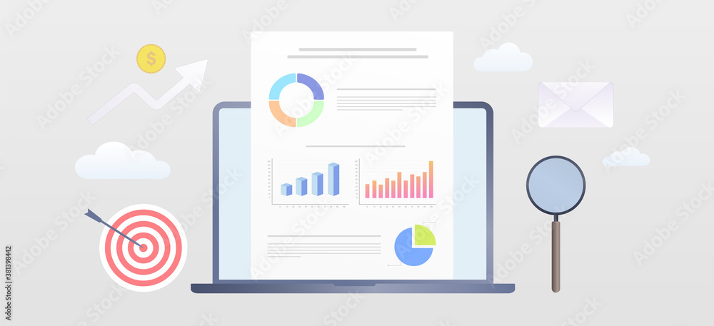 Poster visual data marketing modern flat vector banner illustration. business data visualization with lapto