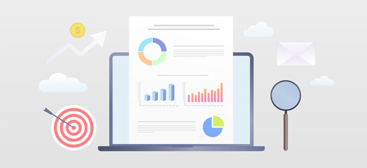 Visual Data Marketing modern flat vector banner illustration. Business data visualization with laptop and open document with charts and graphs. Data driven marketing campaign and analyzing statistics