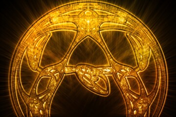 Golden mask on a black background. Glowing shiny magic pattern. Abstract background for design and decoration