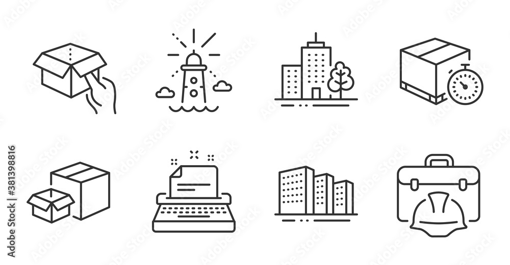 Poster delivery timer, hold box and lighthouse line icons set. typewriter, skyscraper buildings and constru