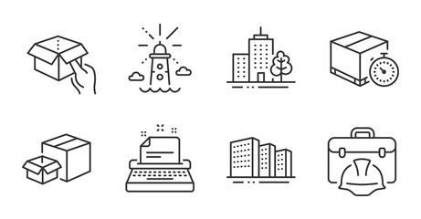 Delivery timer, Hold box and Lighthouse line icons set. Typewriter, Skyscraper buildings and Construction toolbox signs. Buildings, Packing boxes symbols. Quality line icons. Vector
