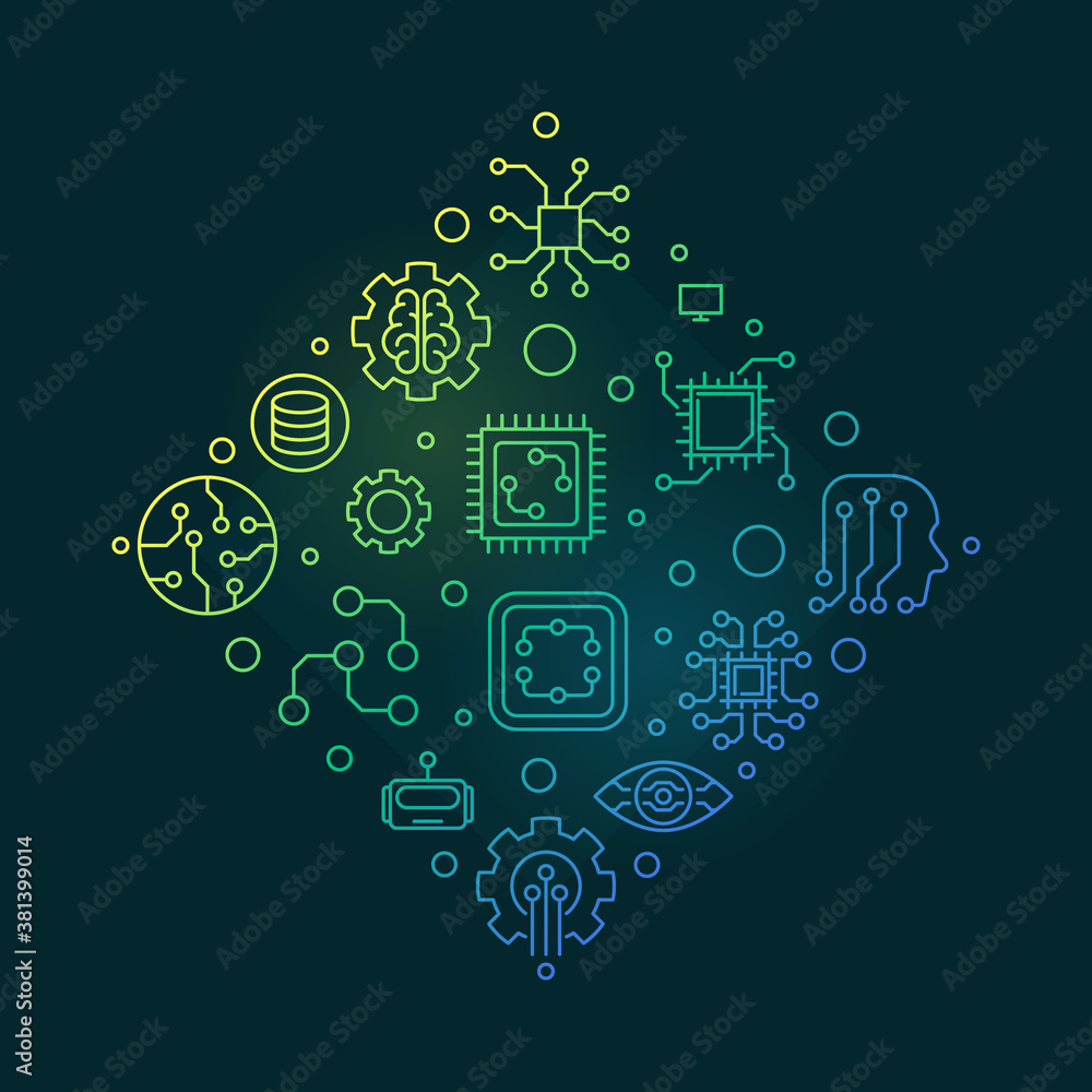 Poster machine learning and ai concept vector outline colored illustration on dark background