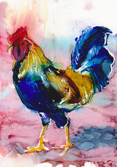 Rooster in the yard, painting in alcohol inks, bright and colorful