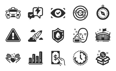 Receive money, Travel compass and Lightning bolt icons simple set. Biometric eye, Blood donation and Graph chart signs. Time, Hold heart and Taxi symbols. Targeting, Arena and Face cream. Vector