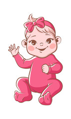Cute baby girl. Infant blond smiling toddler in pink clothes and ribbon sitting and waving hand. Happy newborn vector illustration on white background