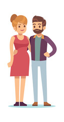 Happy couple. Pregnant woman and her husband hugging. Family waiting for child, parenthood and pregnancy concept vector cartoon flat characters isolated on white background