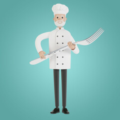 Chef with a large fork. 3D illustration in cartoon style.