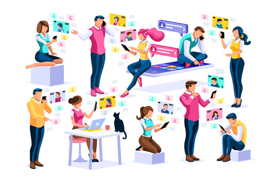 Social media, young girls chatting on female smartphones talking on video or social photos. Character app, photo and video on smartphone. Chat media group concept cartoon characters collection vector.