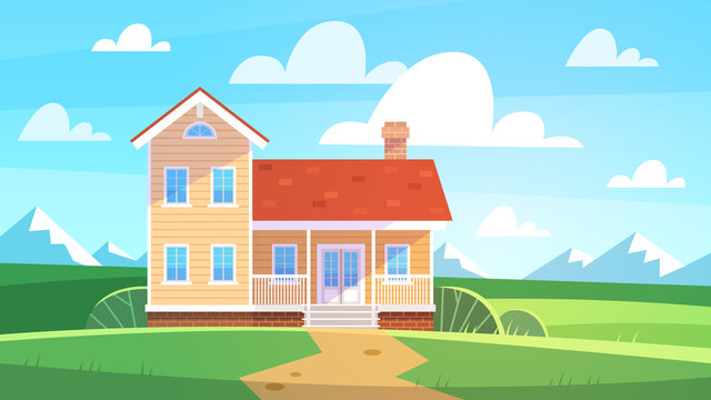 House in summer landscape. Cottage in countryside trees, meadows and green hills. Front view building with terrace, lifestyle on nature seasonal poster real estate flat vector background